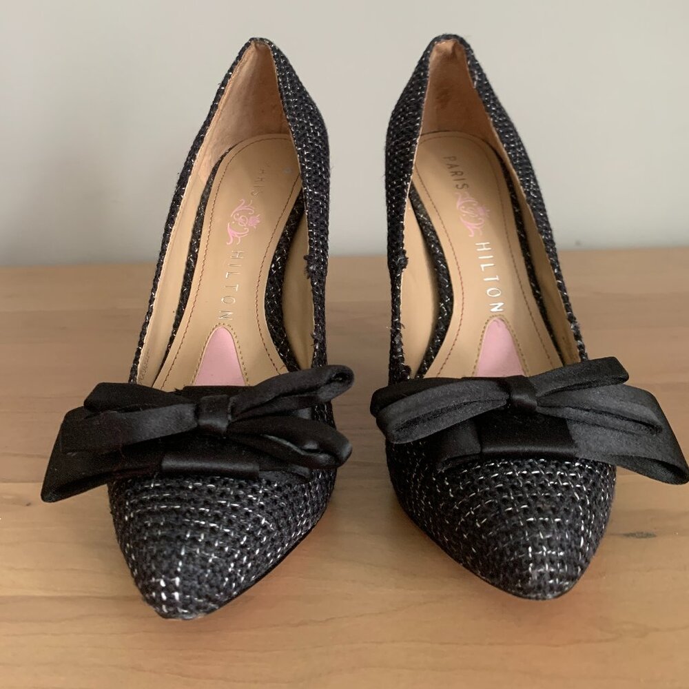 Paris Hilton Tweed Heels with Satin Bow Size 6M Black/Grey Woven Fabric